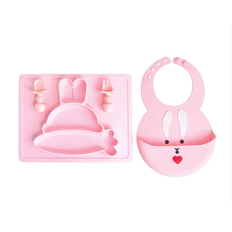 Food Grade Eco-Friendly Baby Dishes Supplies Rabbit Silicone Healthy Suction Mats Plates Baby Tableware Plate