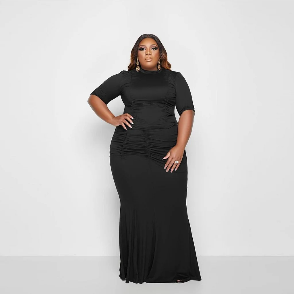 2024308 Women Plus Size Two Piece Skirt Set Solid Casual Pleated Top And Long Skirt Outfits For Fat Women