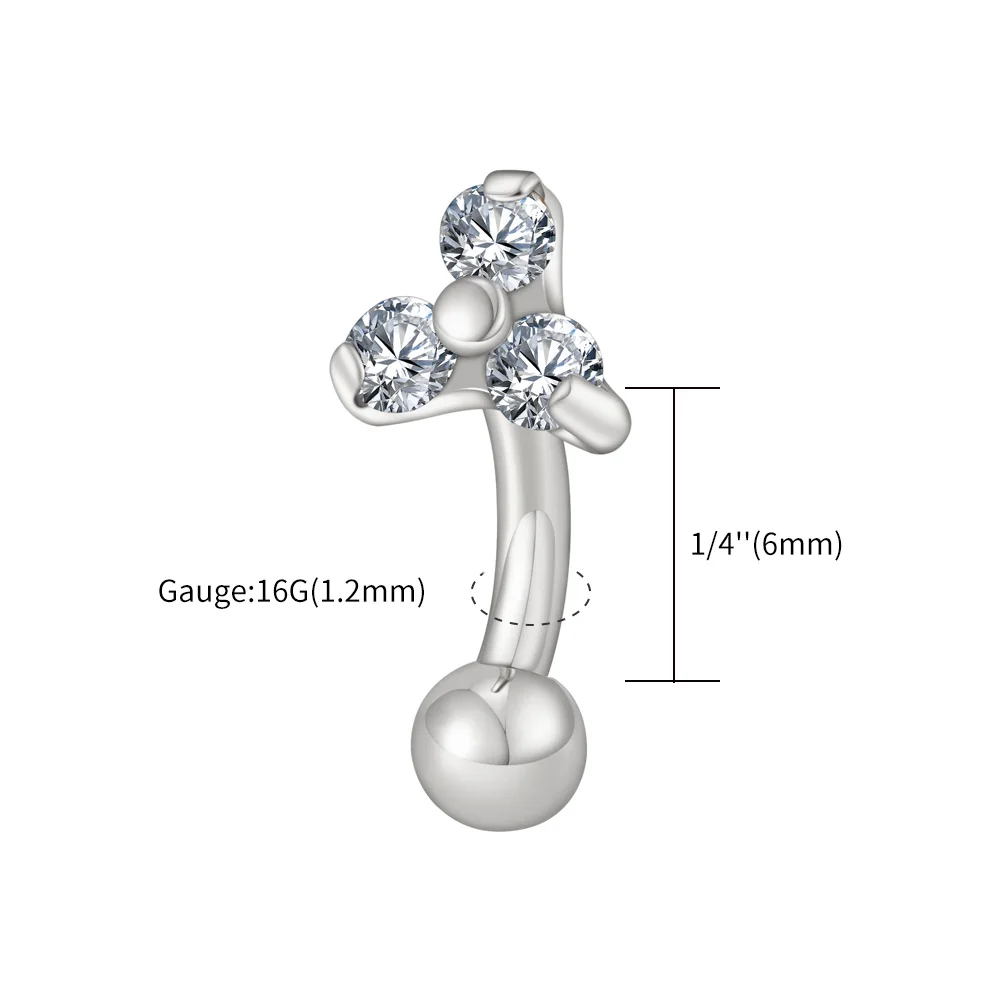 ASTM F136 Titanium 16G Triple CZ Flower Curved Barbell Rook Earring Eyebrow Cartilage Navel Ring Stud Piercing Jewelry