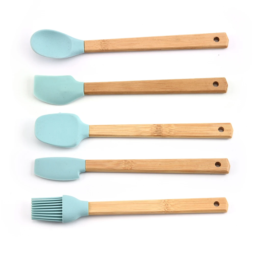 
America hot selling unique design 5Piece Silicone Mini Utensil Set with Wood Handle 