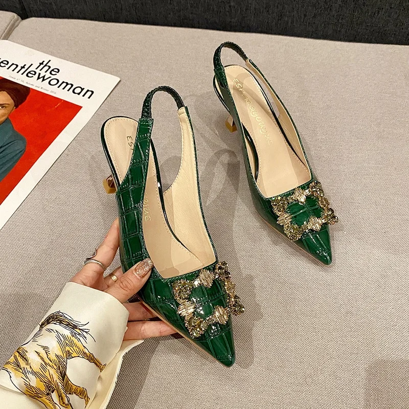  2021 Fall New Backspace High Heels Pointed Shallow Mouth Fashion Rhinestone Square Buckle Temperament Single