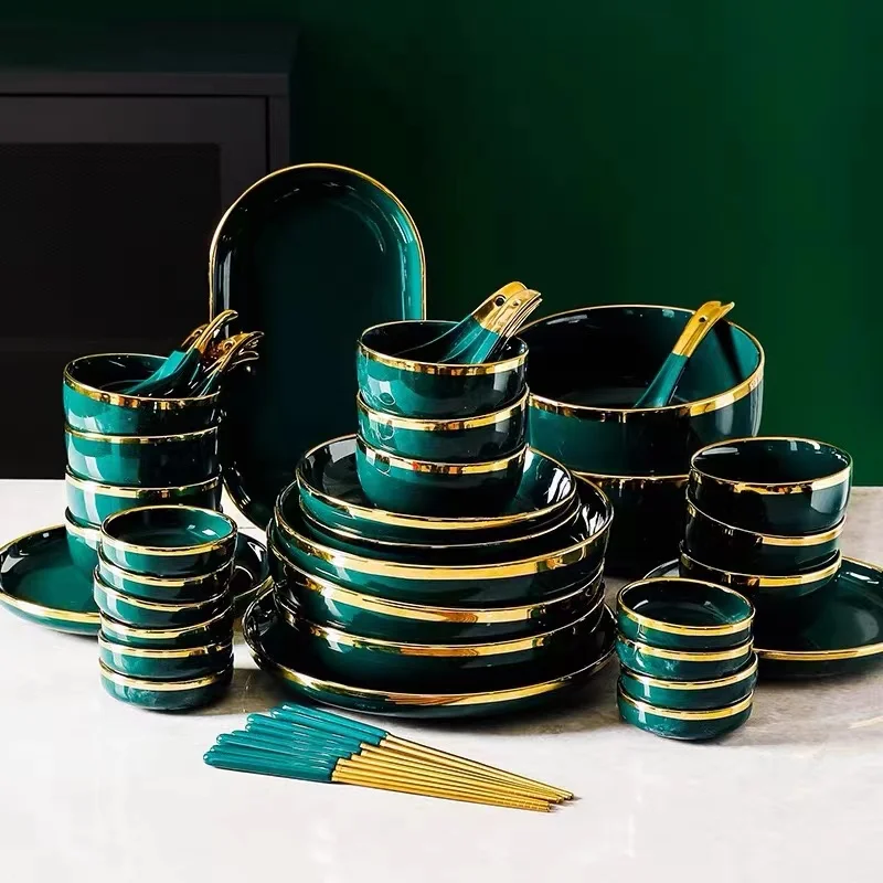 Shengjing Factory Elegant Green Glazed Gold Rim Restaurant Kitchen Ceramic Dinner Plate Ware Dishware Porcelain Dinnerware Set