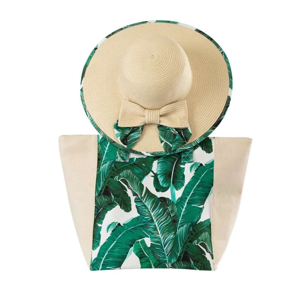 New Design Reusable Custom Logo Printed Organic Polyester beach Tote Bag with Big Brim Ladies Floppy Beach straw Hat