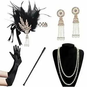1920s accessories Vintage Headband Black Ostrich Feather Glove Cigarette Holder Flapper Headband Set