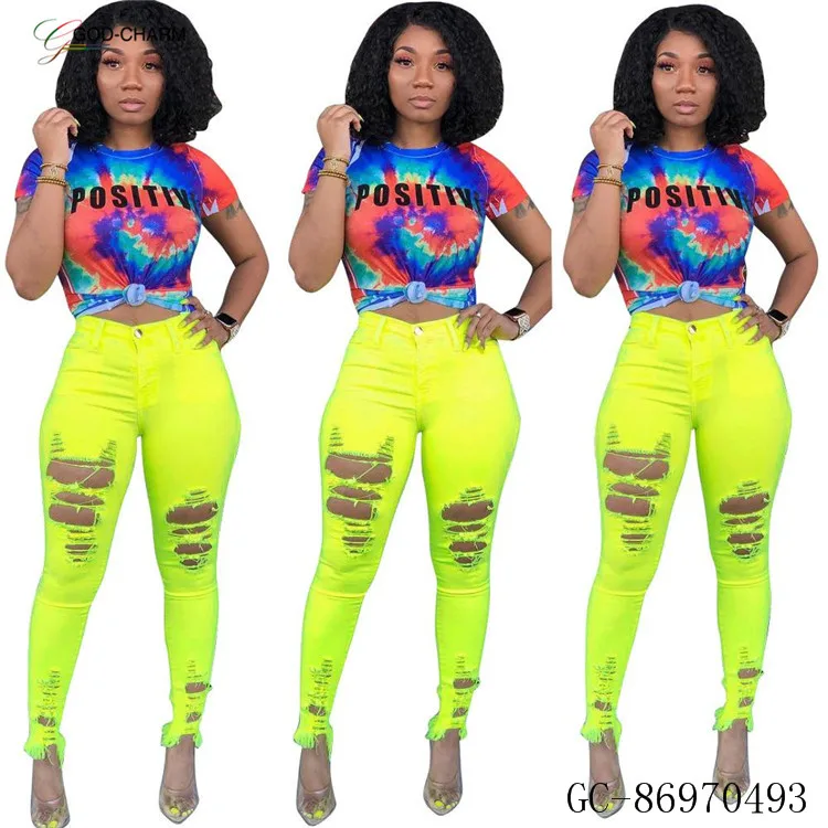 YH-86970493Wholesale casual two piece boutique women clothing neon pants and tie dye t shirts set