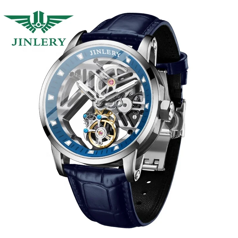 JINLERY Mechanical Tourbillon movement Watch Skeleton Design Leather Strap Waterproof Mechanical Tourbillon Watch for men
