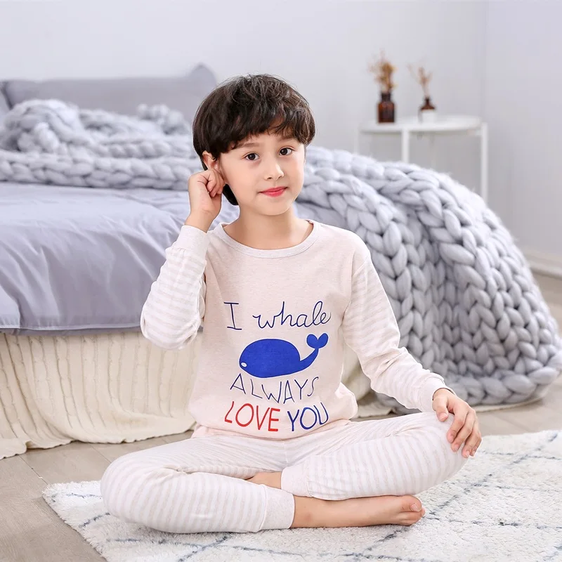 Cartoon printed cotton boys girls sleepwear long sleeve kids pajamas set