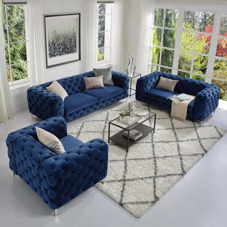 New Design Blue Velvet Button Sofa Tufted 3S Couch For Living Room 1+2+3 Sectional Sofa