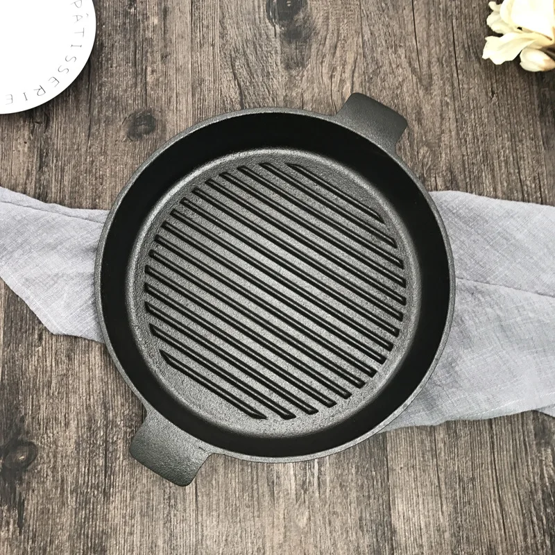 24cm Round Thick Cast Iron Uncoated Frying Pan Pot Not Sticky Pig Iron Pan For Steak Barbecue