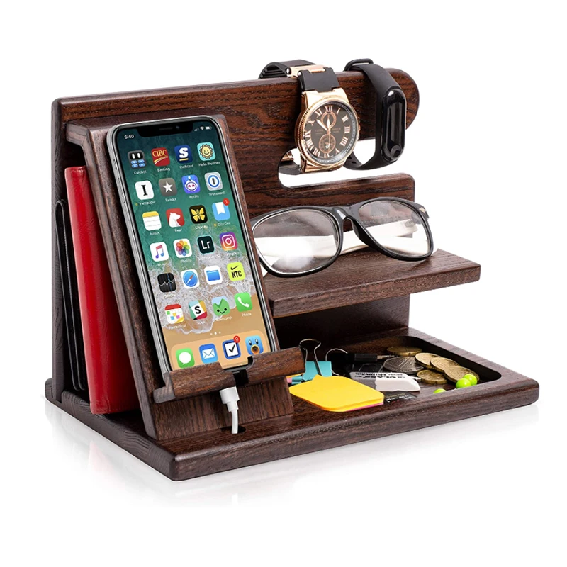 Nature Wood Phone Docking Station,Key Holder Wallet Watch Organizer Stand,Desktop desk wood mobile phone holders stand
