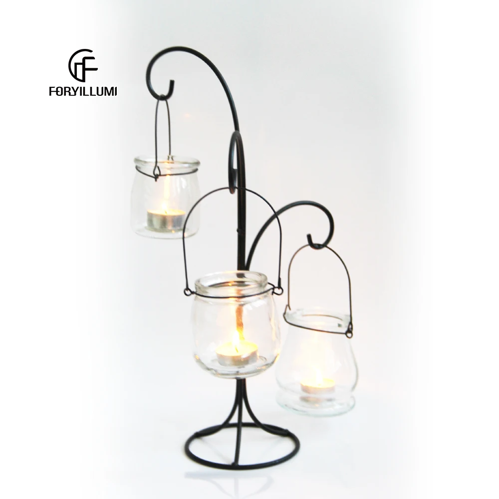 wholesale antique small clear Pumpkin Shape glass candle jar Hanging decorative black metal candle lantern with hook