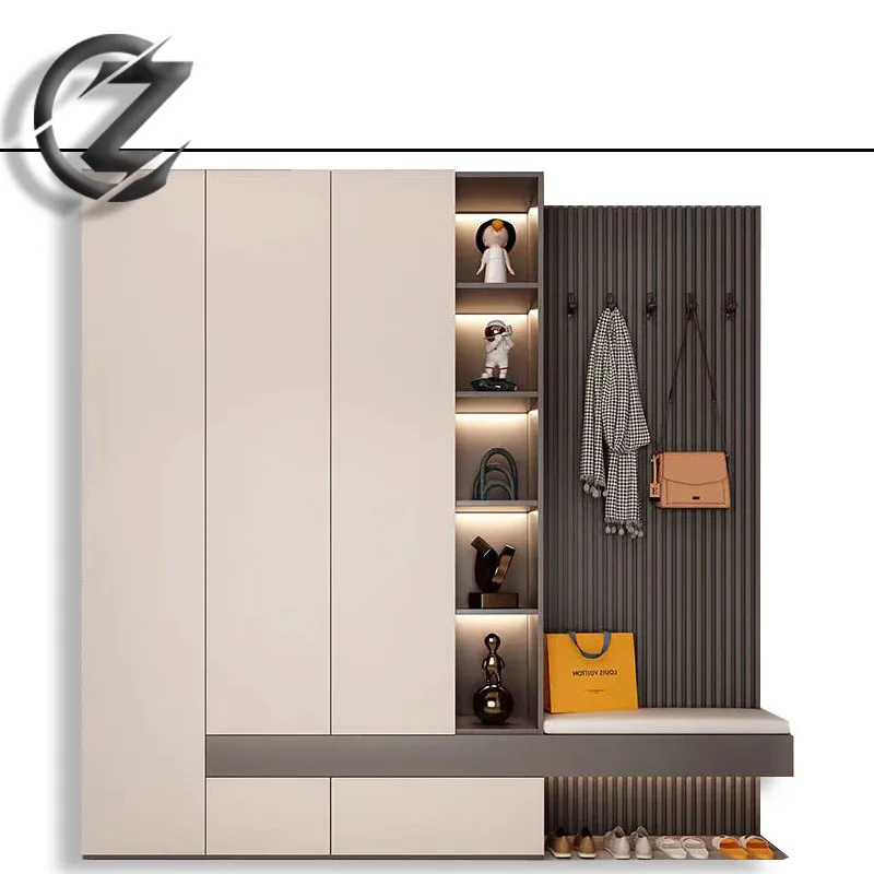 Modern Entrance Door Shoe Rack Ultra-thin Bucket Shoe Storage Cabinet with Wall-mounted Clothes Hanger
