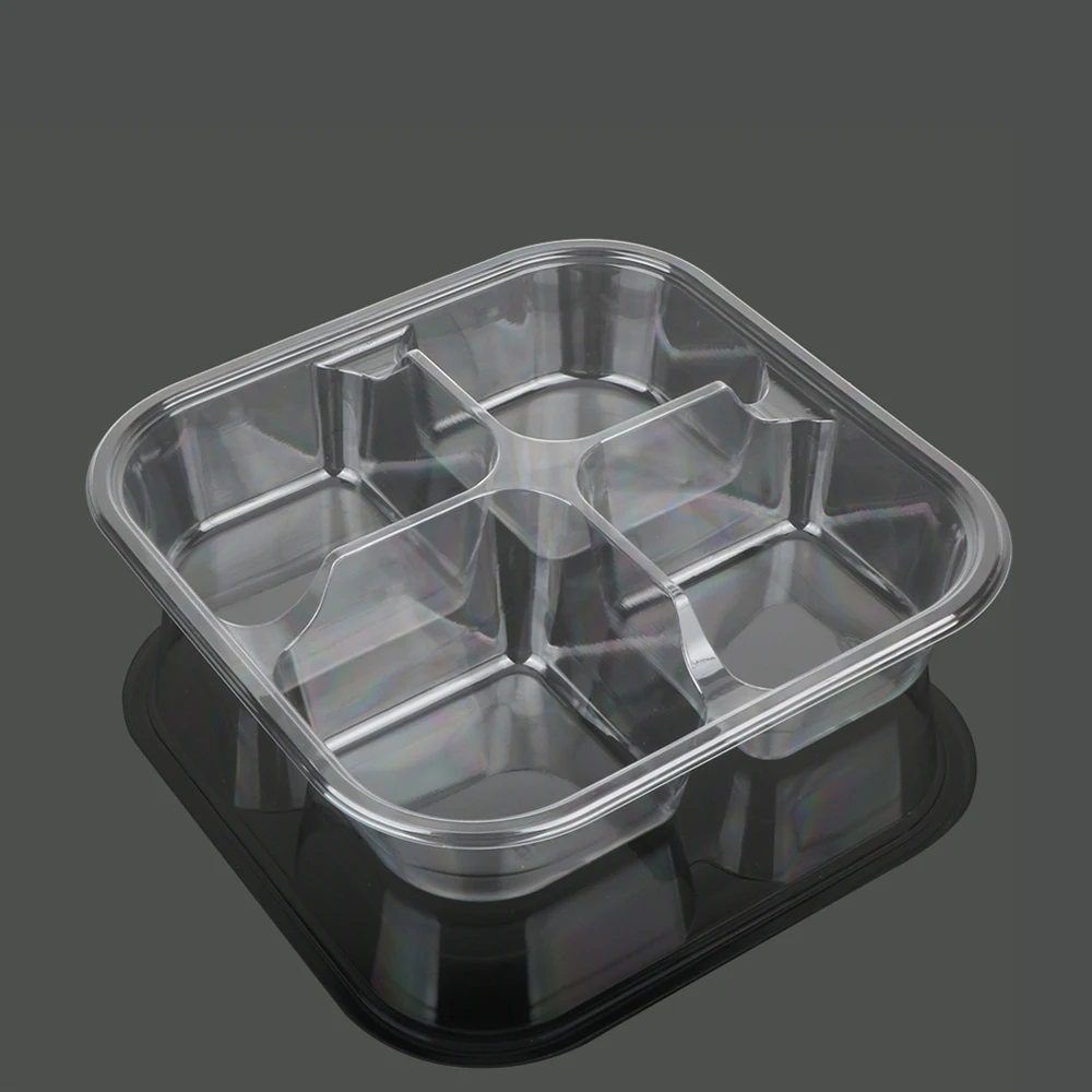 Одноразовый секционный квадратный черный пластиковый прозрачный контейнер с крышкой