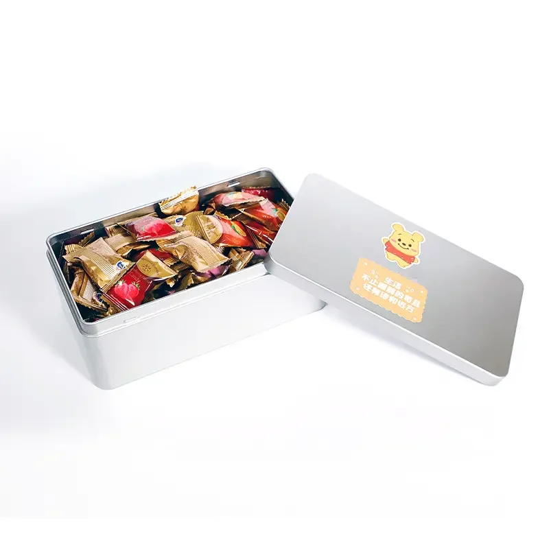 Factory Wholesale Custom Rectangular Empty Food Grade Large Silver Tin Tea Bag Cake Tin Cookie Metal Tin For Packaging
