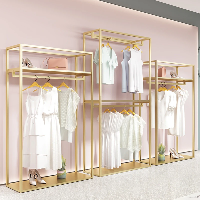 Custom Boutique Golden Clothing Racks Garment Metal Shelf Women Store Dress Display Stands For Clothes Shops