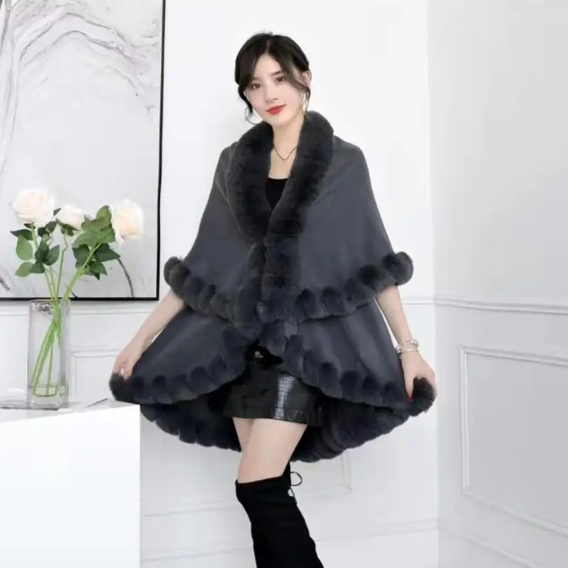 Women Oversize Thick Knit Faux Fur Shawl Colored Round Shape Warm Winter Pink White Plain Knitted Poncho Cape Blanket