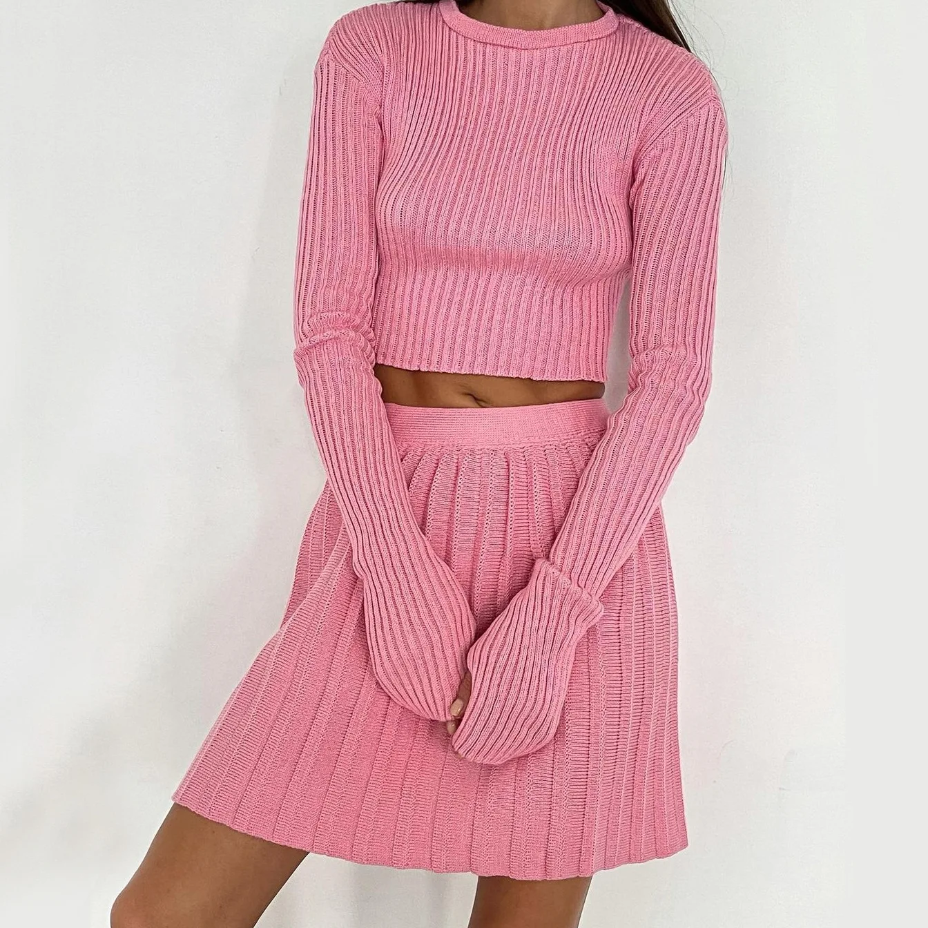 Knitted Suit With Skirt Women Solid 2022 Sprint Mini Pleated Skirt And Long Sleeve Slim Crop Pullover Lady 2 Pieces Sets Fashion