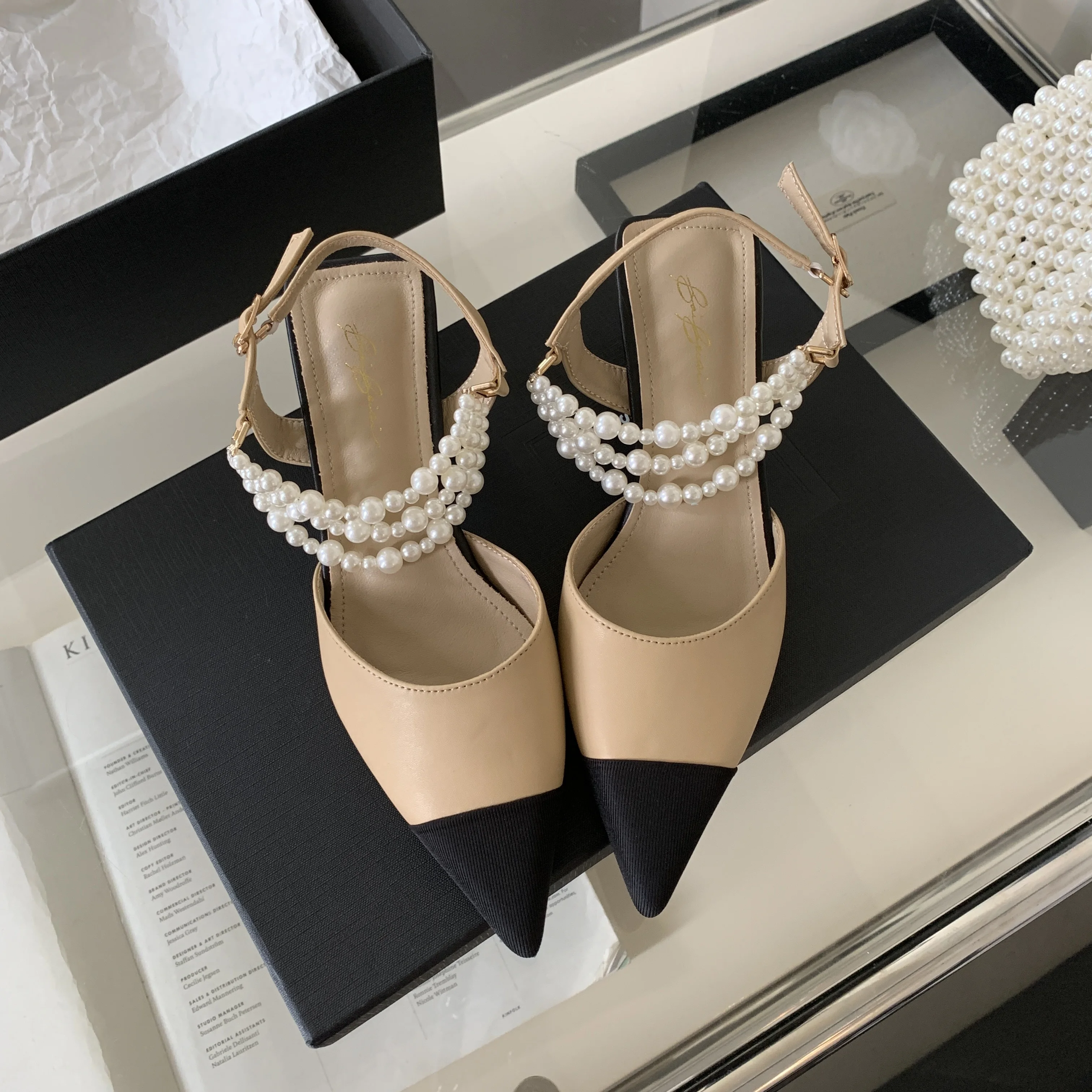 wholesale italy women wedding shoes pearl pointed luxury fashion slingback shoes middle heel comfort ankle white ladies sandal
