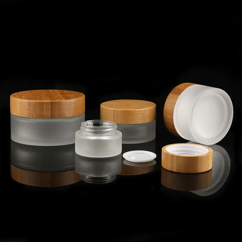 Cosmetic Containers Empty Jars 100g Bamboo Lid Frosted Glass Face Cream Jars with Wood Grain Bamboo Lid