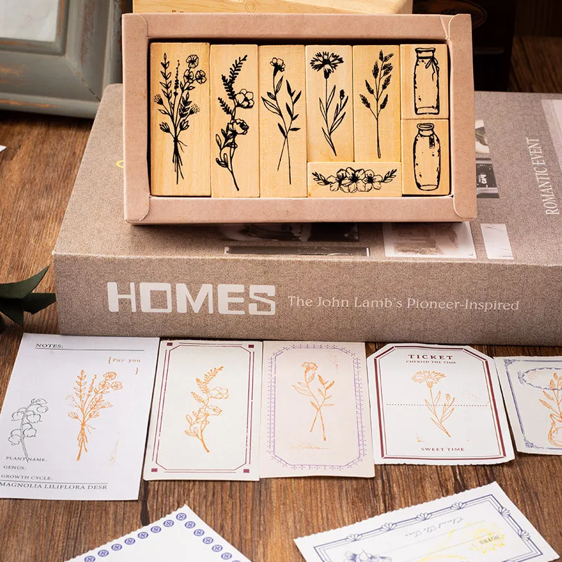 Wholesale creative retro plant Plant Vase rubber diary DIY decorative printing floral wooden stamp seal set