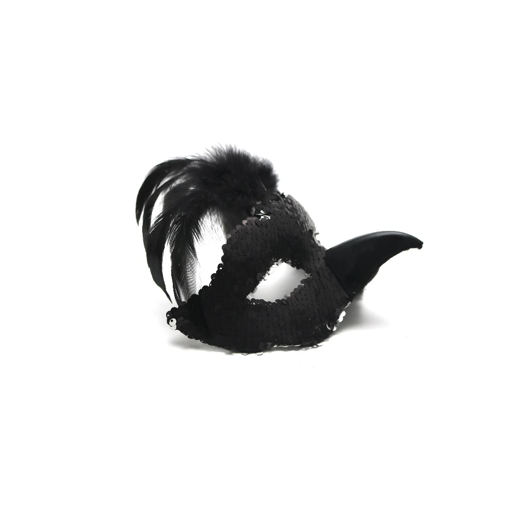 Halloween Scary Fluffy Feather Mask Parade Masquerade Flip Sequins Black and Silver Crow Raven Feather Mask