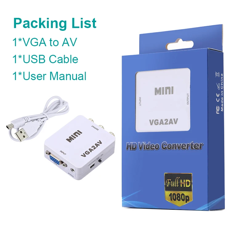 Factory Price VGA to AV Adapter HD Female-Female Cable Audio L/R out 2560x1600@60hz Mini VGA to AV RCA Converter for HDTV PC