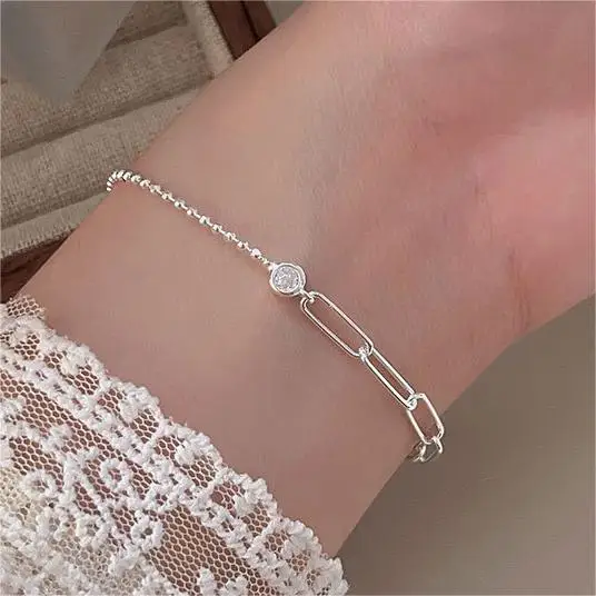 Carline Topsale Minimalist Zircon CZ Elegant Fashion 925 Sterling Silver Bracelet Fine Jewelry Paper Clip Beaded Chain Gift