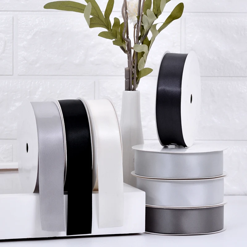 Yama 100 yards double face classic 28mm black satin ribbon grey white ribbon satin roll for perfume bottle packing