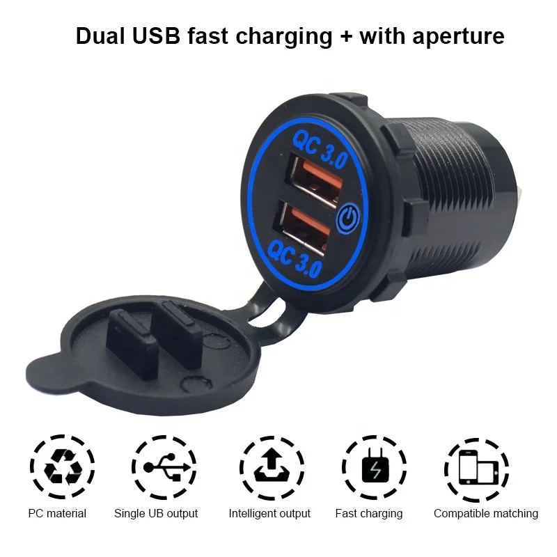 Waterproof 12V/24V Quick Charge 3.0 Dual USB Car Charger Socket  QC3.0 USB Fast Charger Socket Power Outlet with Touch Switch