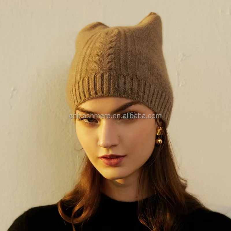 Прямая кашемировая фабрика, Женская Вязаная Шапка-бини с кошачьими ушками 3D для маленьких девочек из чистого кашемира, Шапка-бини из шерсти мериноса в рубчик