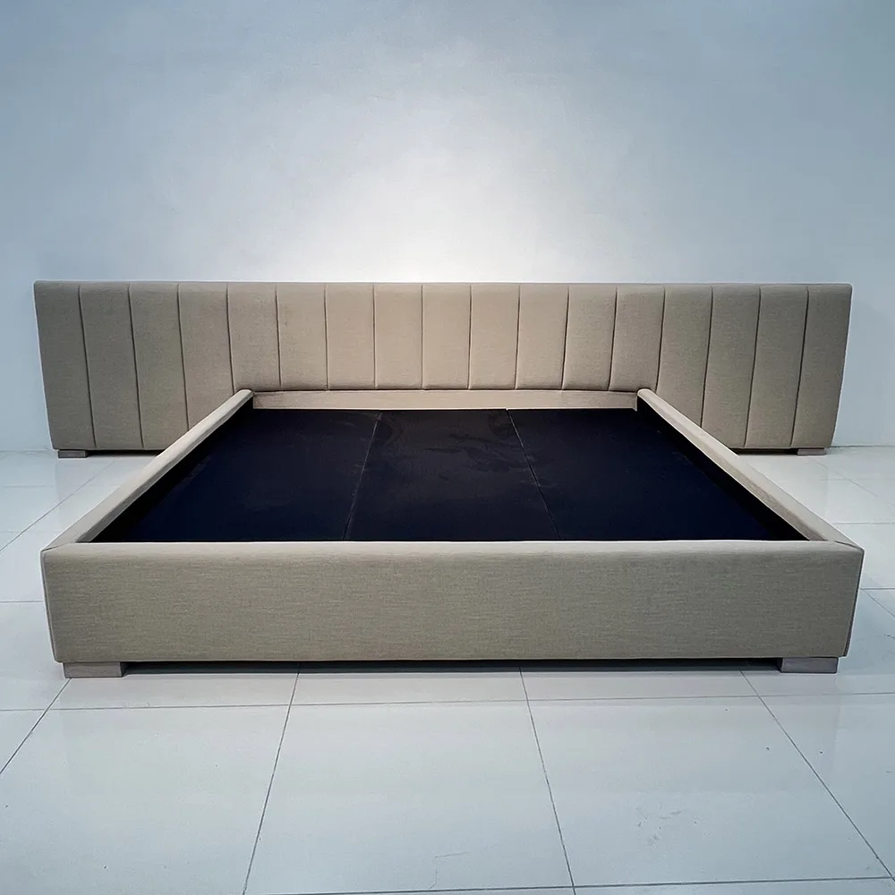 Custom fabric modern queen king size bedroom furniture set extended headboard panel platform wooden frame bed