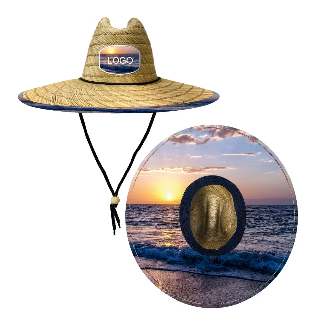 Custom unisex summer beach sun protection wide brim straw fishing surf hat with logo sombrero men de playa lifeguard straw hat