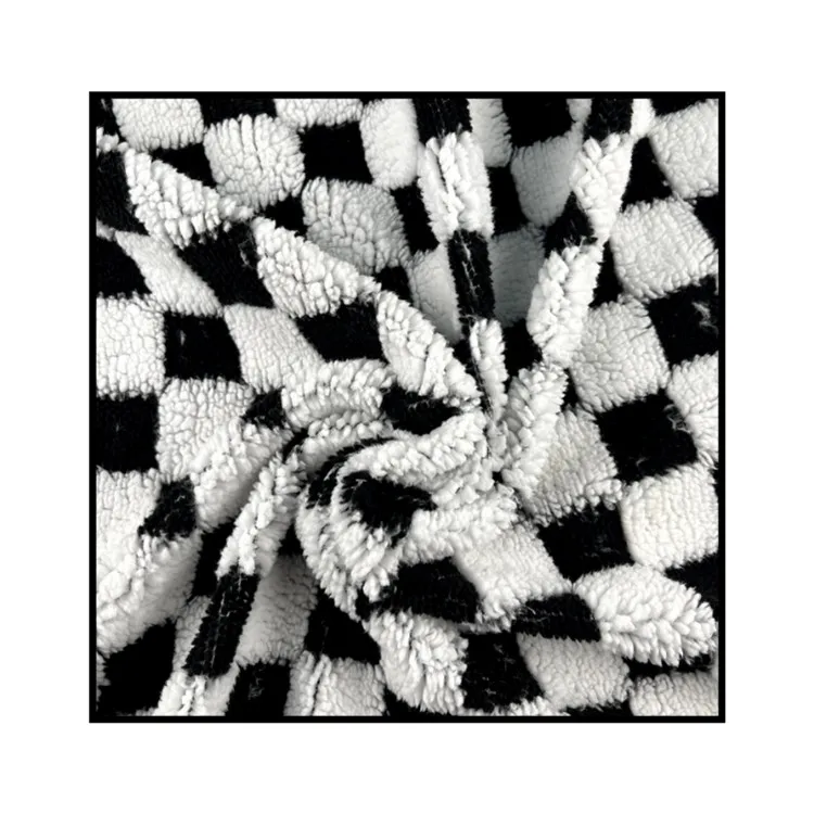 360gsm black and white square sherpa material jacquard fleece fabric