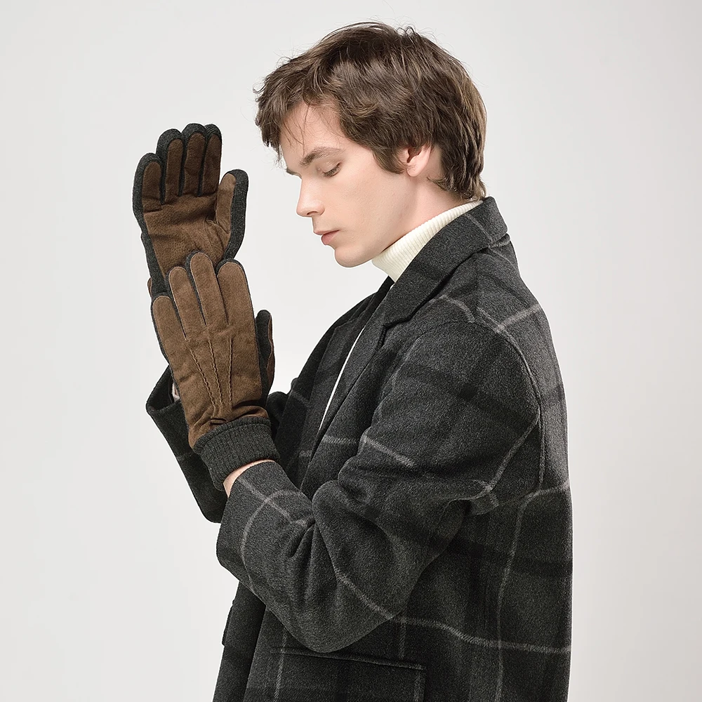 Cheap Warm Men 100% Real Pig Split Leather Gloves Winter Pigskin leather gloves With Knitted wool Cuff  From Factory