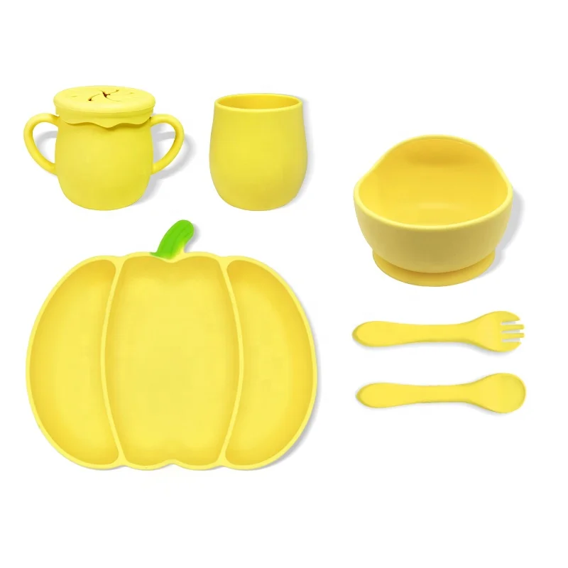 BPA free kids baby complementary food eating training silicone tableware food grade partition suction bowl Pumpkin plate