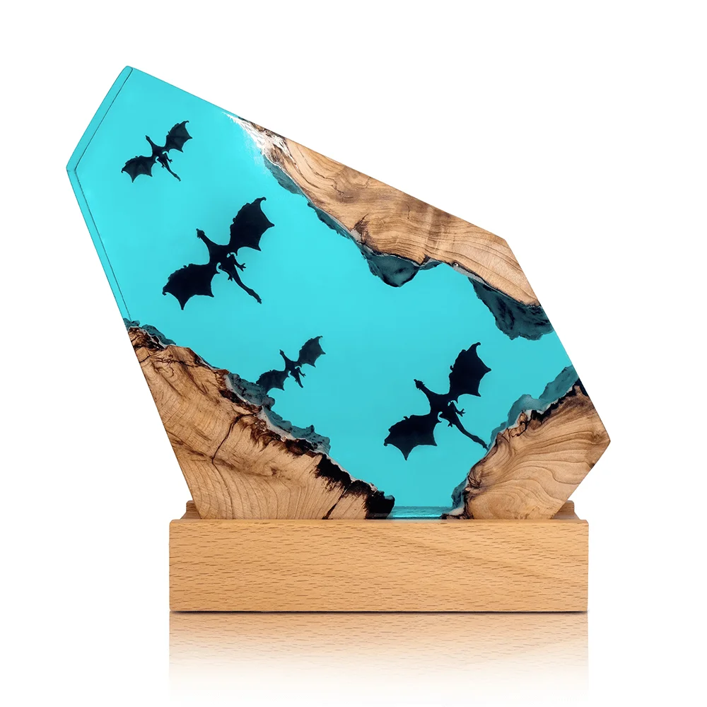 Dayi new Creative Design custom Epoxy Resin Wood Lamp LED Gift Night Light Dragon flight Home Decoration Table Lamp for sale