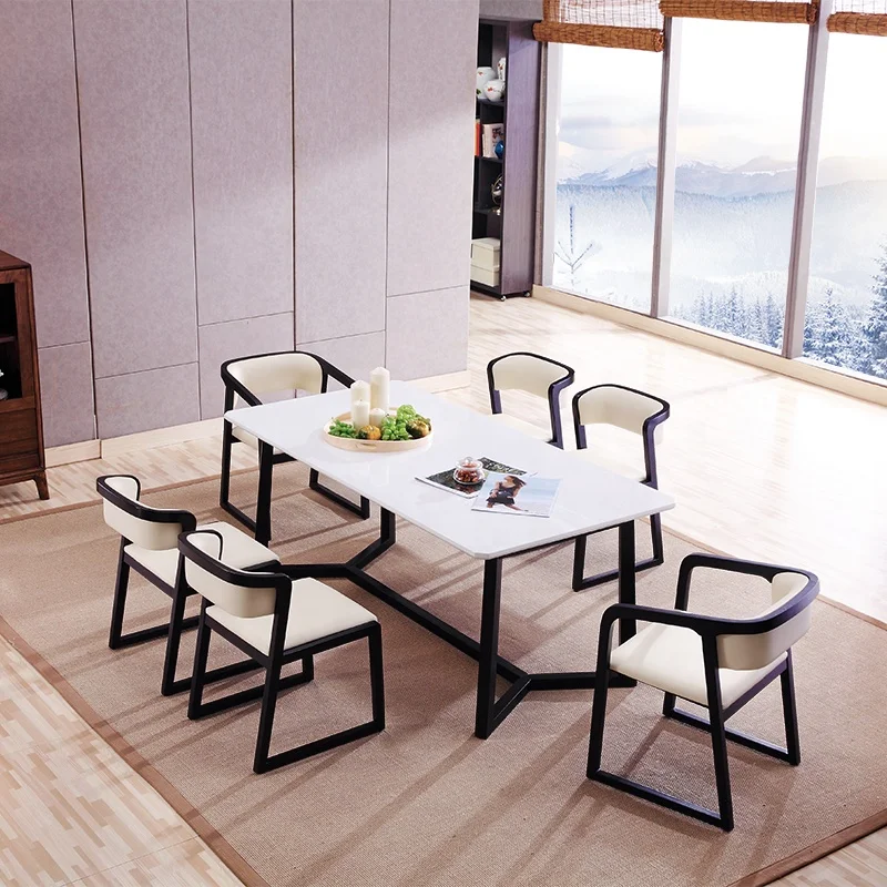 Luxury Marble Top Wooden Legs Dining Room Restaurant Furniture Long Table Set