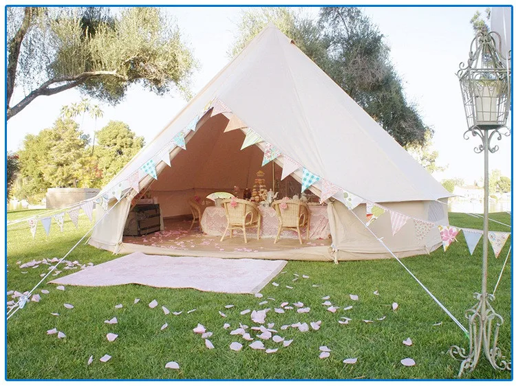 Qibu 4-season Waterproof Cotton Canvas Large Family Camp Beige Color Bell Tent Hunting Wall Tent With Roof Stove Jack Hole