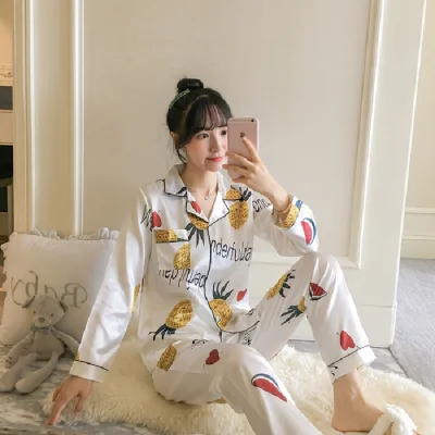 pajamas for women set Korean Style pajamas women sets Two-Piece Split Short-Sleeved Suit Silk Cardigan Nightgowns