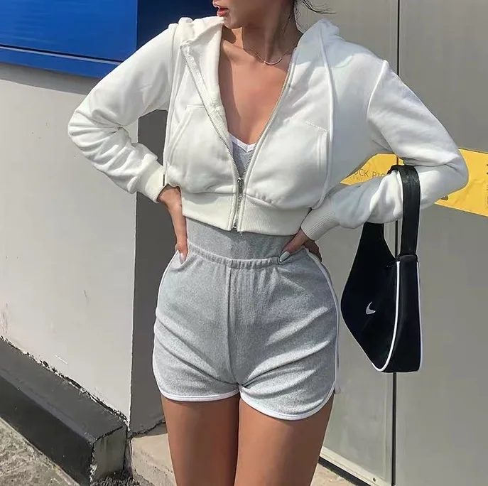 2021 Casual High Quality Custom Logo Women Blank Cotton Cropped Zip Up Croptop French Terry Hoodies