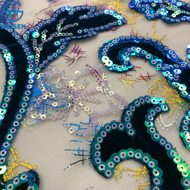 WS30089 High Feedback Floral Embroidery Sequins Net Lace Fabric Embroidered Sequined 3d Lace Fabric