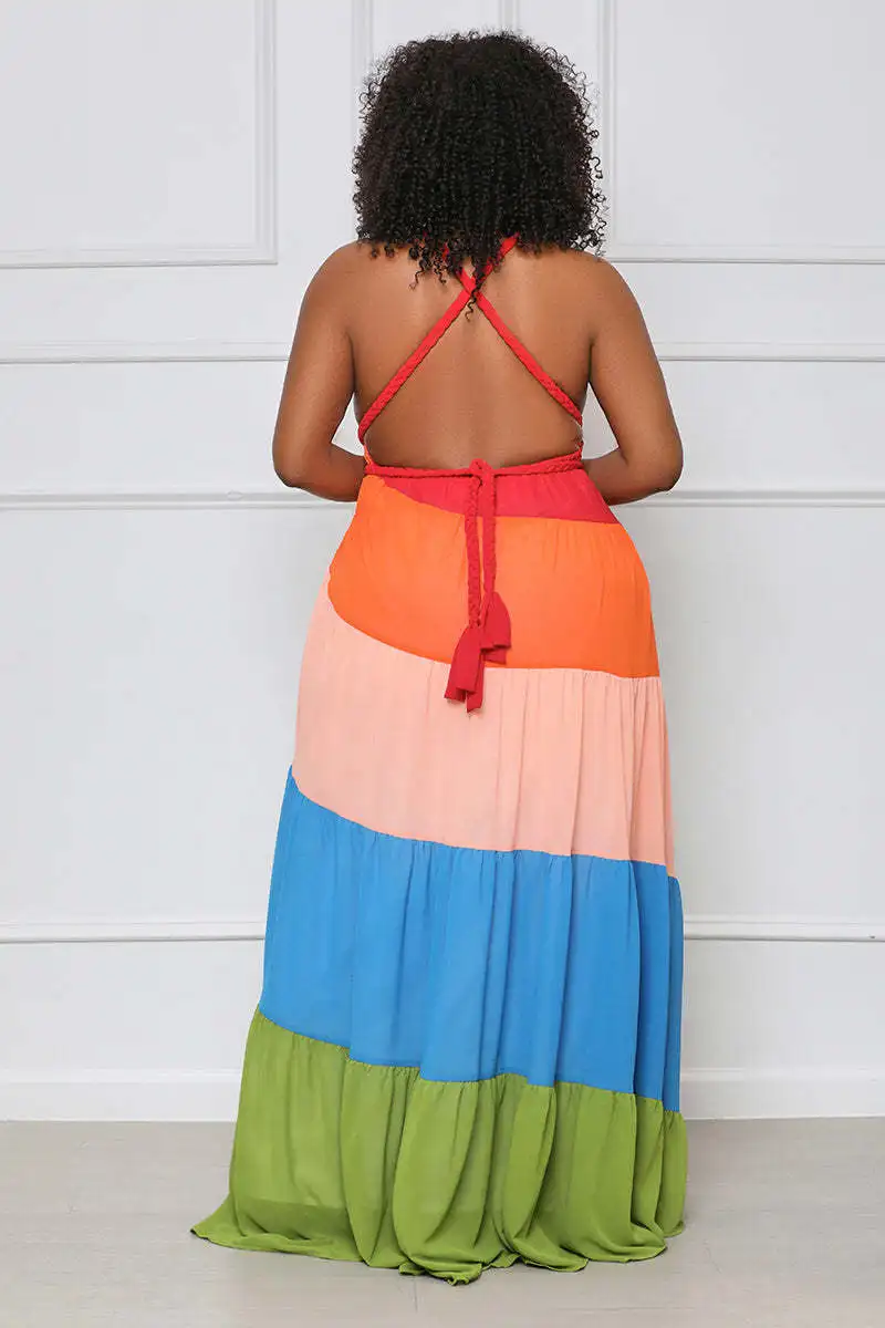 Оптовая продажа женская одежда Новинка лета 2022 женское шифоновое платье контрастных цветов на бретельках модная повседневная пляжная большого размера