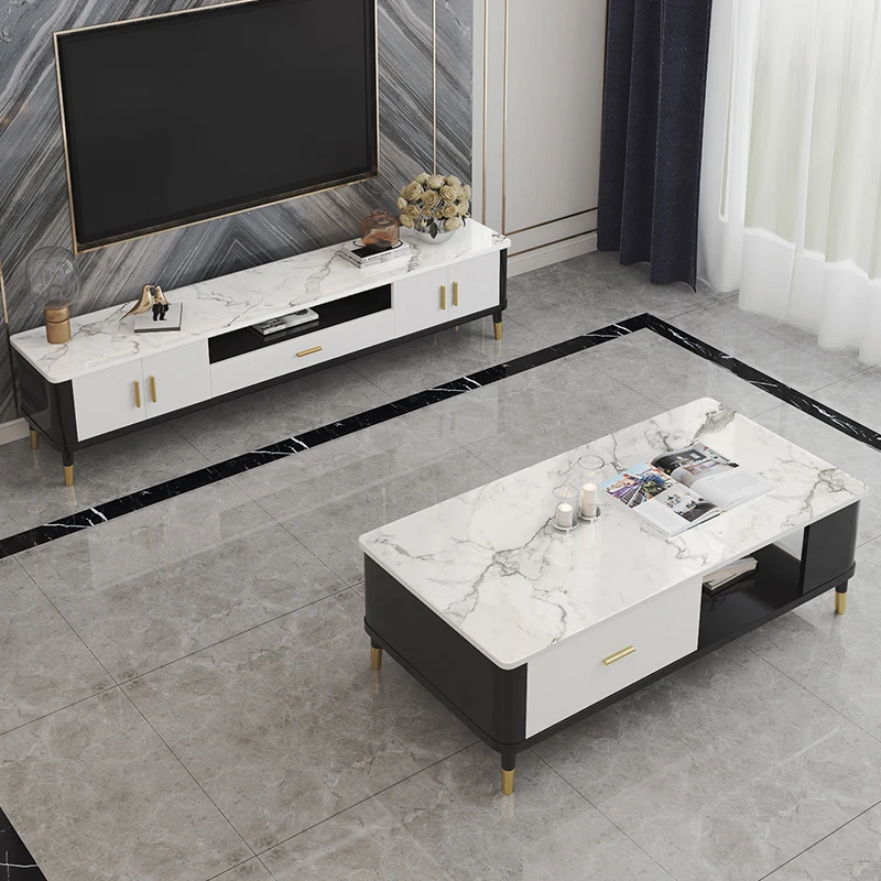 
Marble tea table TV cabinet combination furniture set modern simple light luxury rock panel TV cabinet 