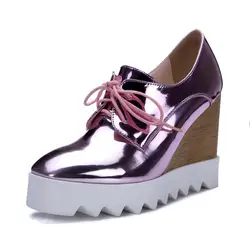 Fashionable Bright Glossy Lace-Up Anti-Slip Wedges for Ladies Single Shoes