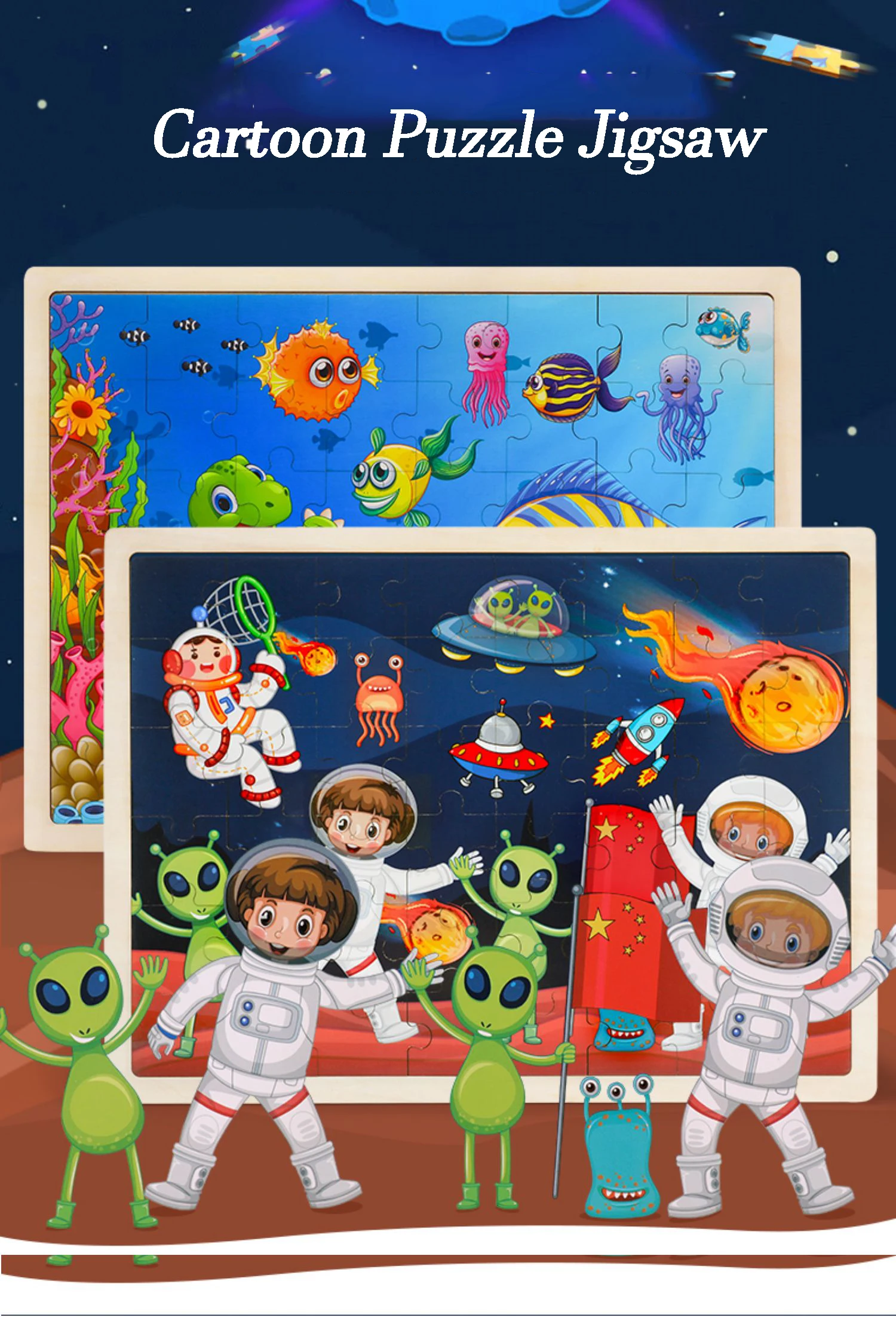 Good quality Laser Engraving cut animal traffic Cartoon Wooden Jigsaw 48pcs 100pcs Puzzles For Children Early Educational Toys