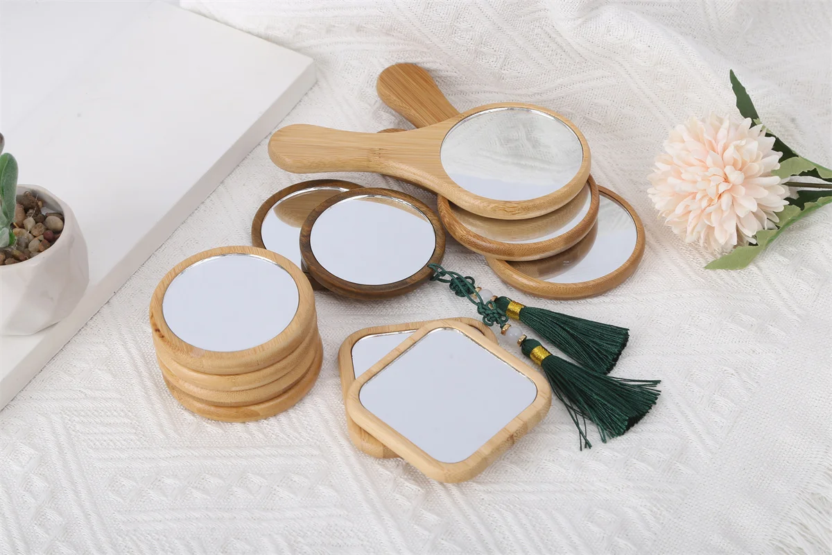 Custom Eco Friendly Small Round Square Bamboo Wood Pocket Mirror Travel Portable Wooden Makeup Mirror