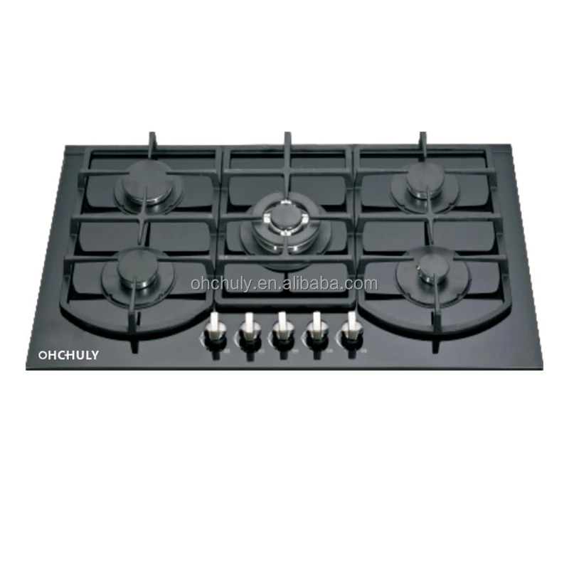 Home Appliance Tempered Glass Cast Iron Pan Supports lpg or gp Stove Kitchen Build In 5 Burners Gas Hob