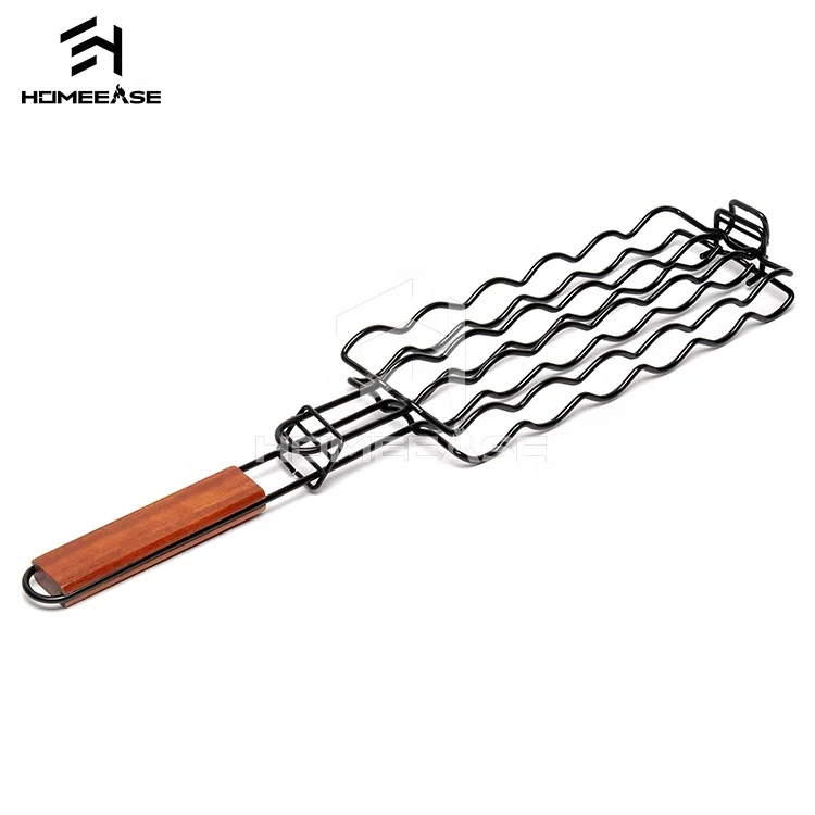Outdoor barbeque stainless steel accessories horn handle fish hot dog non stick sausage bbq grill basket