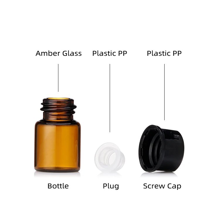 Hot Sale 1ml Mini Amber Glass Sample Bottles with Black Caps for Essential Oil, Chemistry Lab Chemical