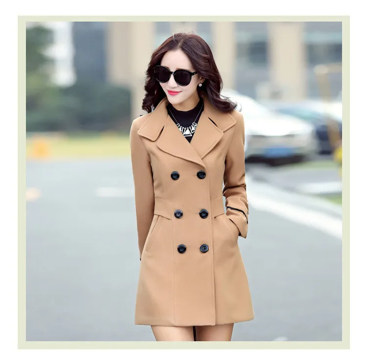 
2019 New Autumn Winter Blends Plus Size Coat Turn-Down Collar Elegant Double Breasted Women Long Coat Female Casual Coat Tops 